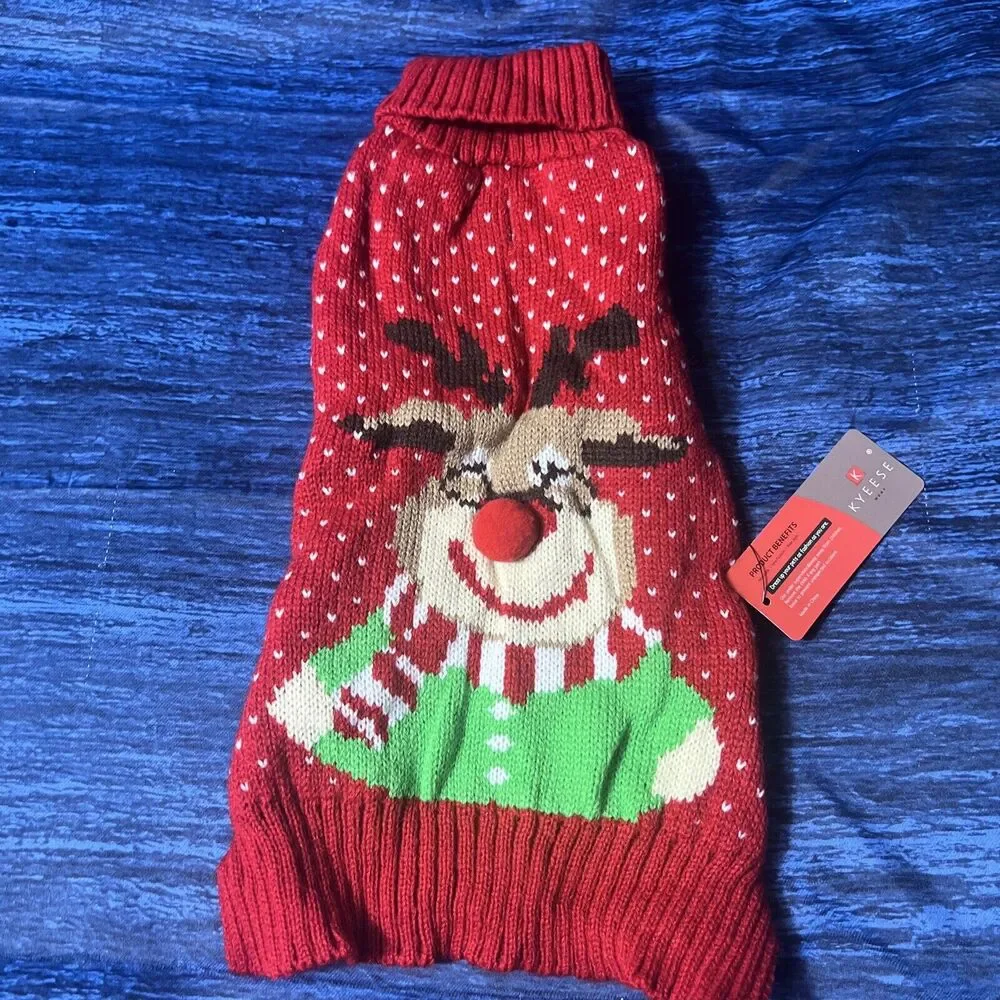 KYEESE Christmas Dog Sweater with Leash Hole Reindeer Red Knit Turtleneck M NWT